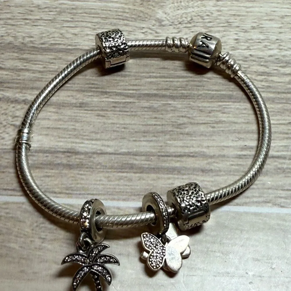 Authentic Pandora Sterling Silver 925 Bracelet w/ Palm Tree, Butterfly Charms